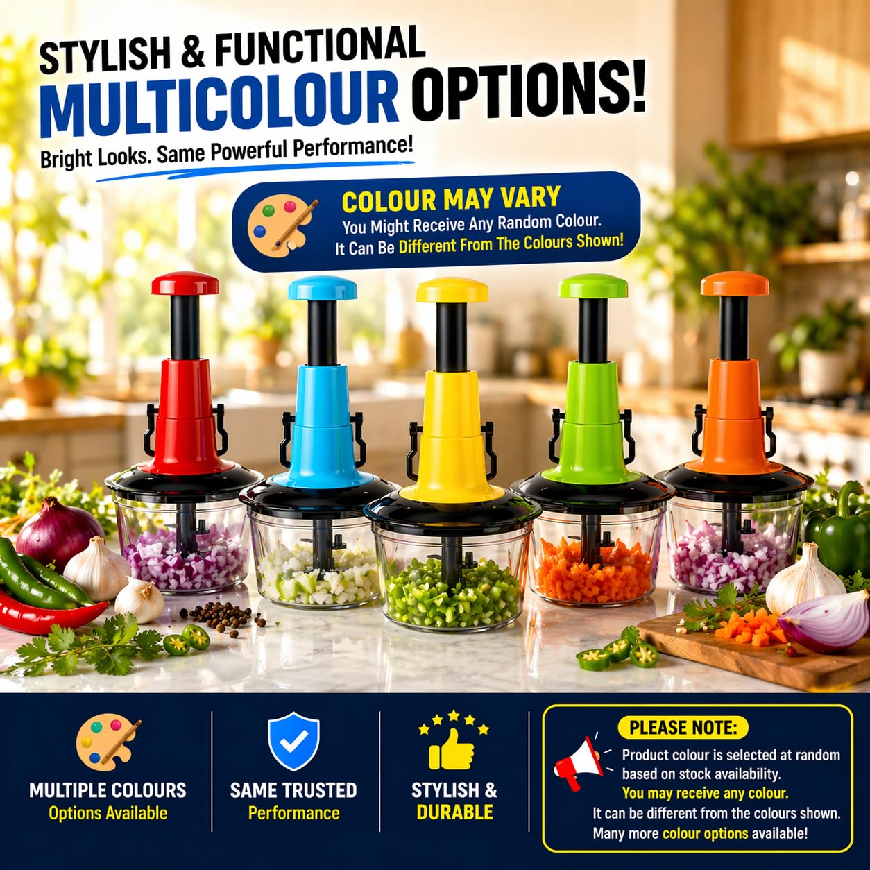 Manual Hand Press Push Chopper with 6 Blades for Effortless Chopping Vegetables & Fruits (Assorted, 1000 ml, Plastic)