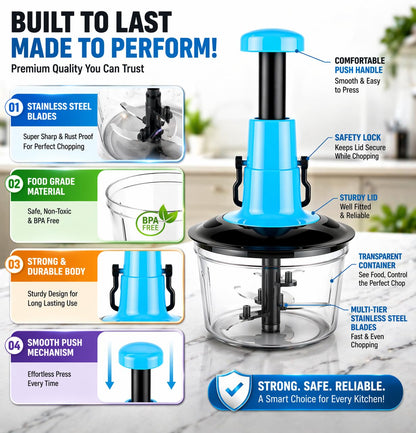 Manual Hand Press Push Chopper with 6 Blades for Effortless Chopping Vegetables & Fruits (Assorted, 1000 ml, Plastic)