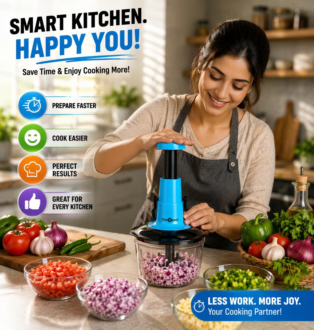 Manual Hand Press Push Chopper with 6 Blades for Effortless Chopping Vegetables & Fruits (Assorted, 1000 ml, Plastic)