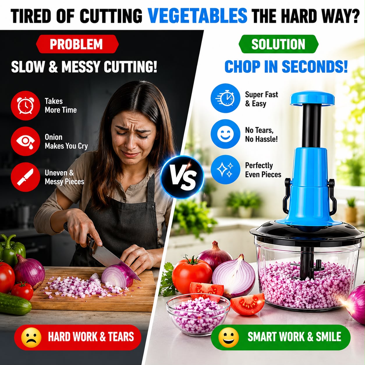 Manual Hand Press Push Chopper with 6 Blades for Effortless Chopping Vegetables & Fruits (Assorted, 1000 ml, Plastic)